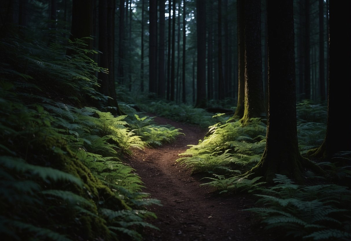 A dark forest with a winding trail, a geocaching map, and a Princeton Tec Byte 5 headlamp illuminating the path