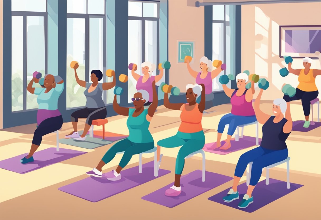 A diverse group of women over 50 using various exercise equipment, such as dumbbells, resistance bands, and yoga mats, in a bright and spacious gym setting