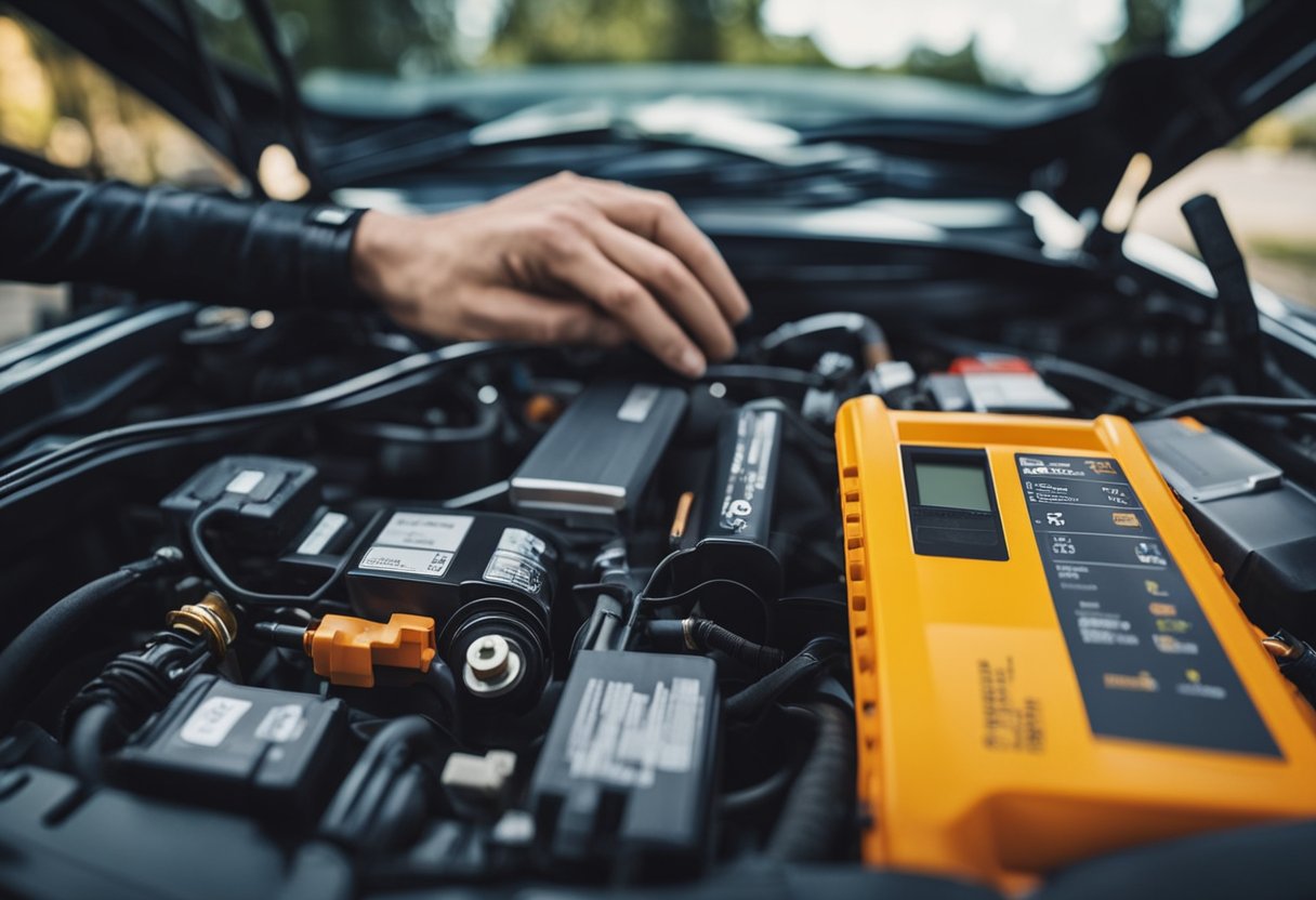 A checklist for car battery replacement, with a car and a new battery