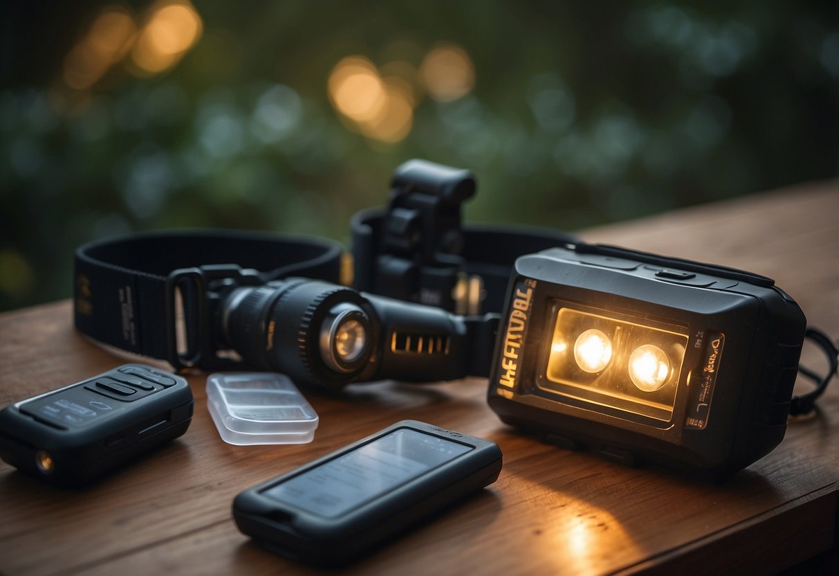 A table with 5 lightweight headlamps, surrounded by geocaching equipment and a care and maintenance guide