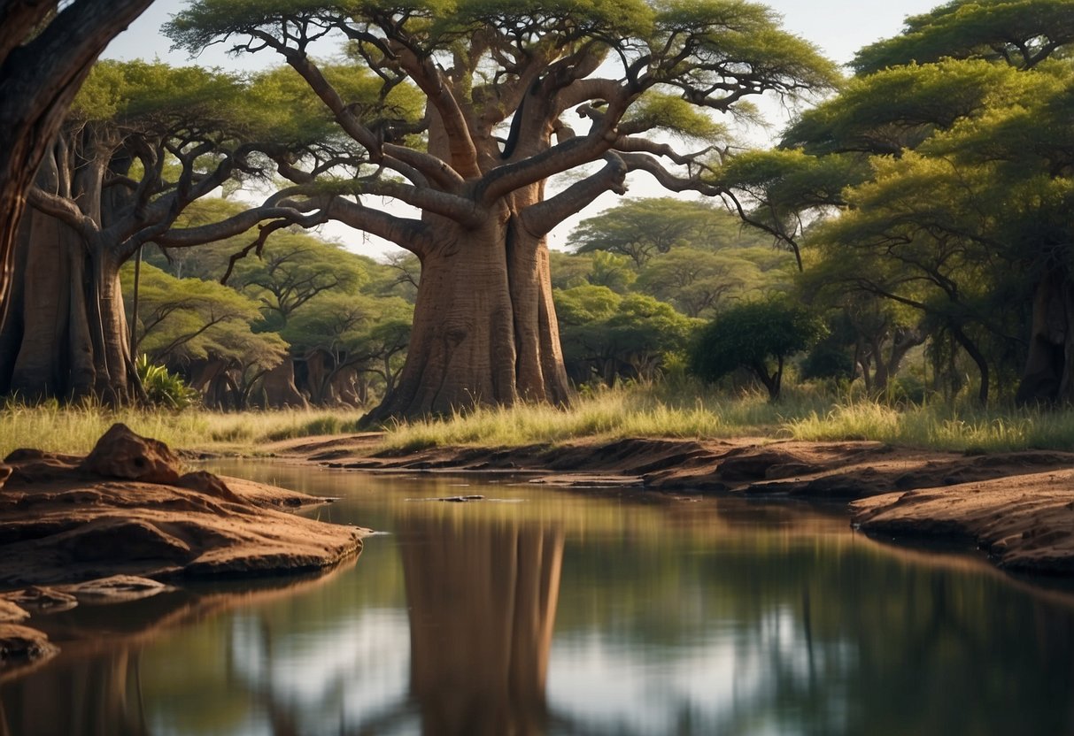 Lush savanna with towering baobab trees, winding rivers, and hidden caves. A diverse landscape with vibrant wildlife and ancient ruins