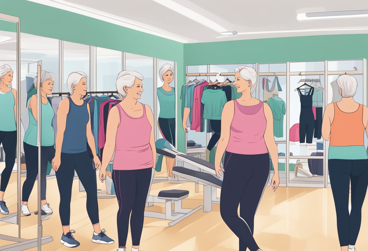 A group of women over 50 trying on exercise clothing in a spacious, well-lit fitting room with mirrors and various racks of activewear