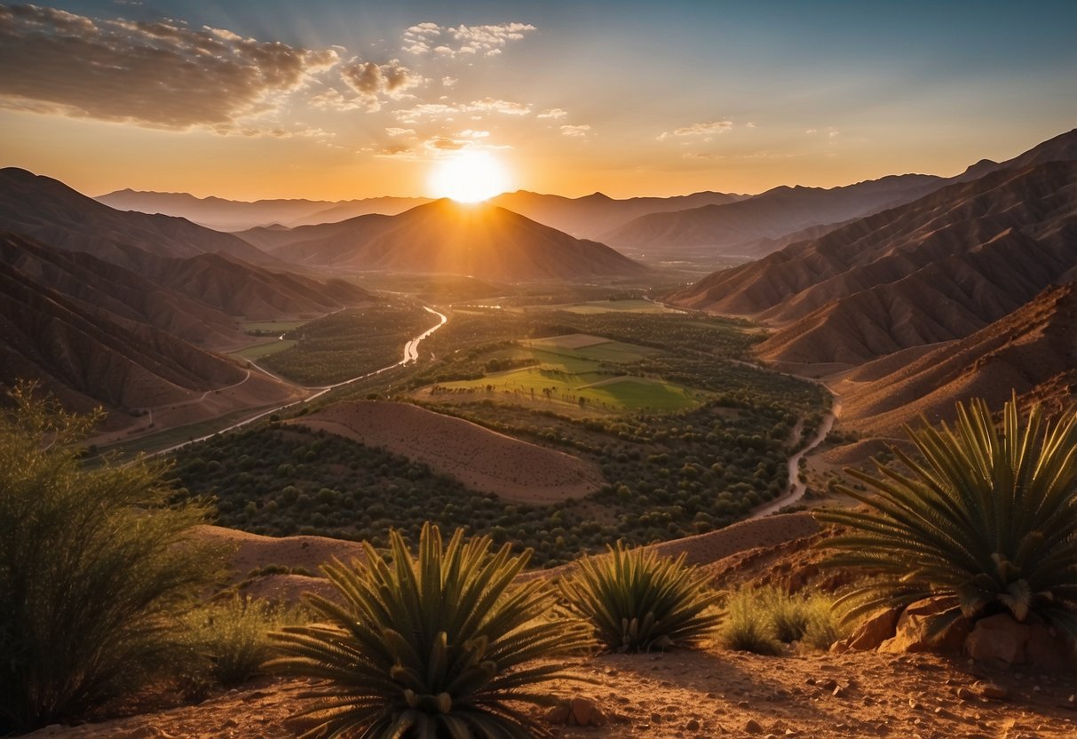 The sun sets over Draa Valley, Morocco, casting a warm glow on the rugged terrain and lush palm groves, making it a perfect spot for geocaching