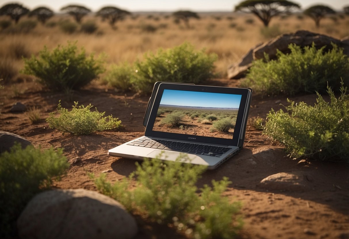 A lush African savanna, with hidden caches nestled among acacia trees, rocky outcrops, and watering holes. A GPS device and logbook lie nearby