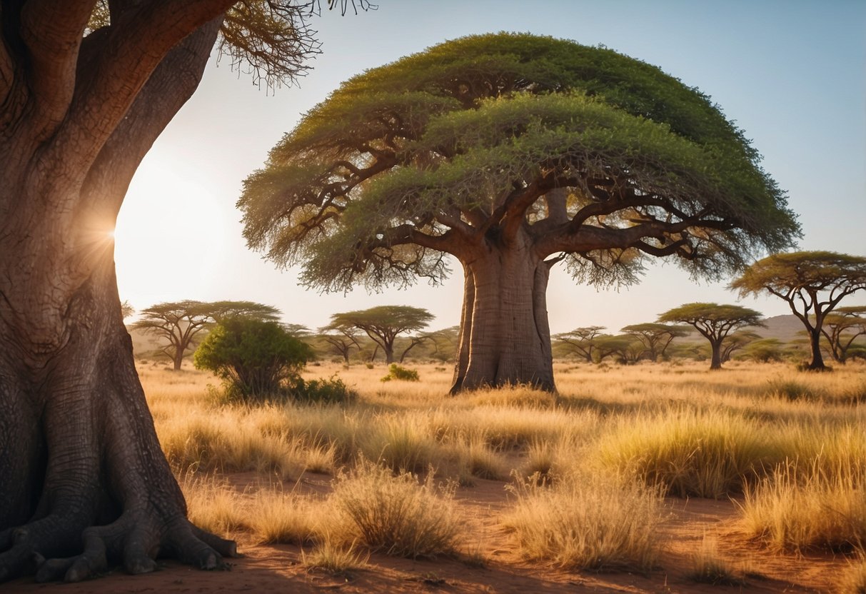 A lush African savanna with a hidden geocache nestled under a baobab tree, surrounded by diverse wildlife and vibrant flora