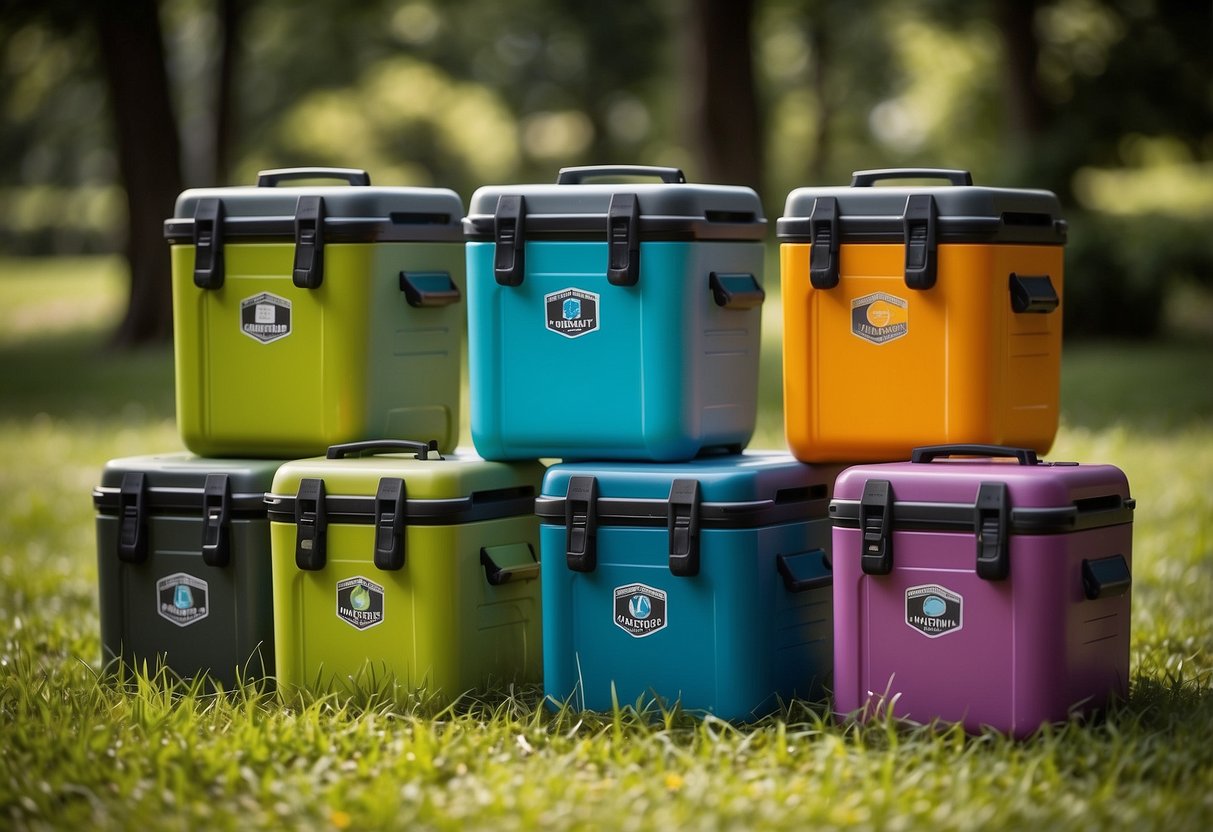 A group of five colorful coolers arranged in a circle on the grass, with geocaching equipment spilling out of them. Each cooler is labeled with a different geocaching destination