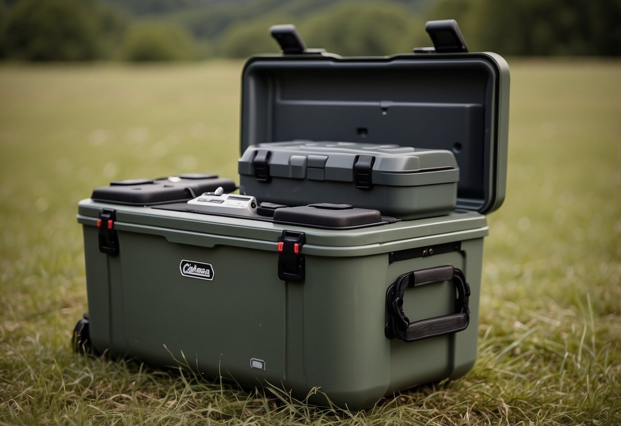 A Coleman Steel Belted Cooler sits open on a grassy field, surrounded by geocaching equipment and a GPS device