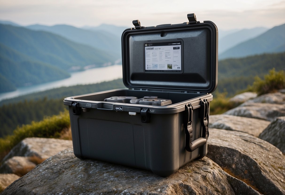 A rugged ORCA 40 Quart Cooler sits atop a rocky outcrop, surrounded by geocaching gear and a scenic wilderness backdrop