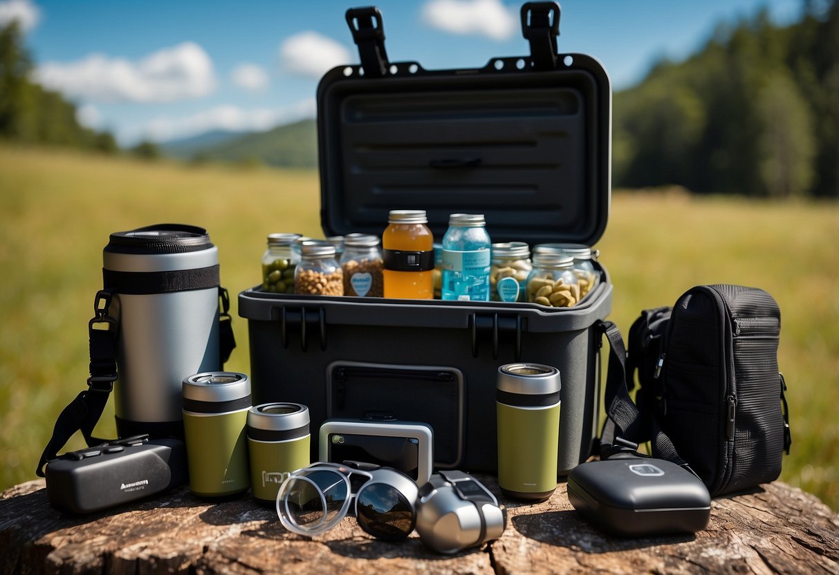 A group of coolers arranged with geocaching gear, GPS devices, and snacks, surrounded by a scenic natural setting