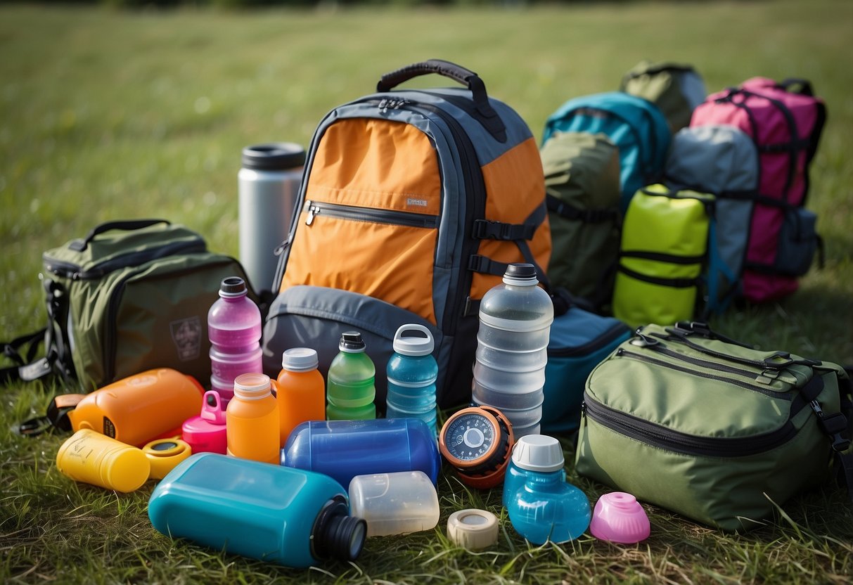 A colorful array of coolers, backpacks, and water bottles arranged on a grassy field with a geocaching map and compass nearby