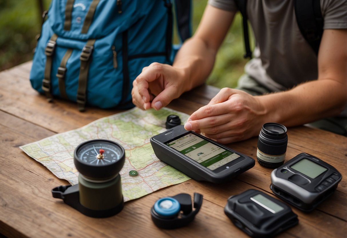 A person setting up a compass and map on a table, surrounded by hiking boots, a backpack, water bottle, and trail snacks. A smartphone displaying a geocaching app is also visible