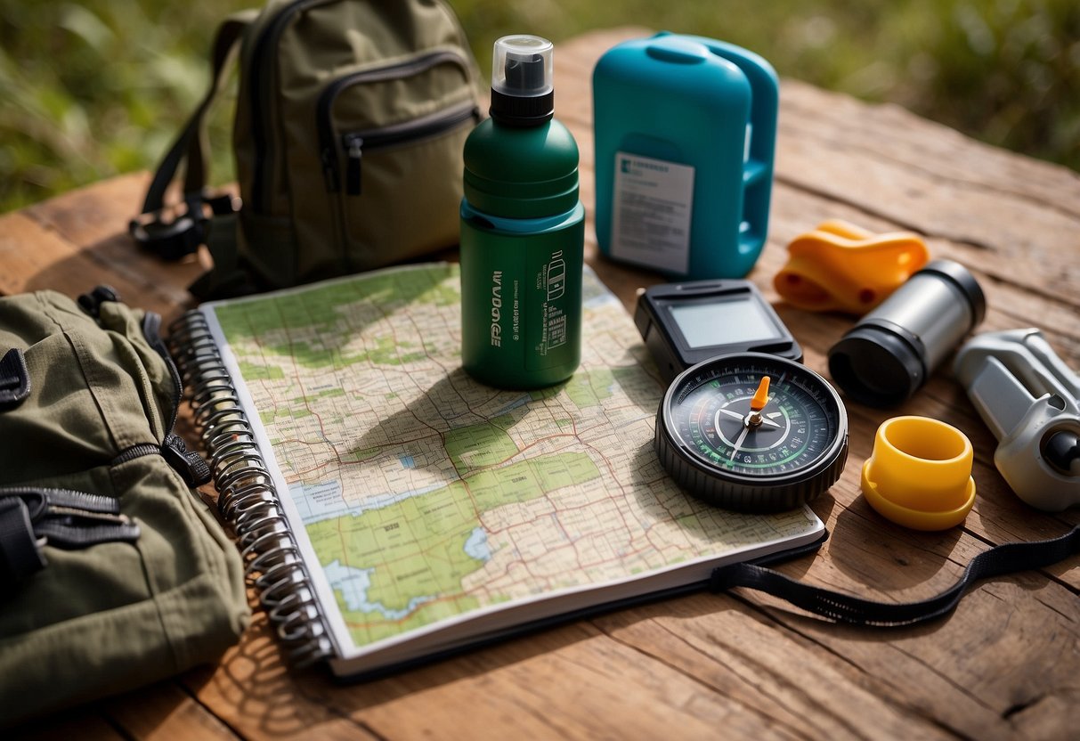 A map with a compass, GPS device, backpack, water bottle, hiking boots, sunscreen, and bug spray laid out on a table. A notebook with geocaching tips is open next to the gear