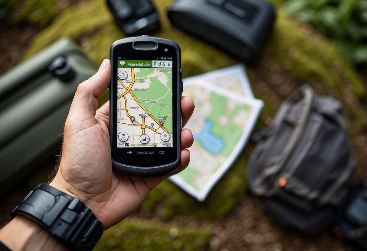 A hand holding a high-quality GPS device while surrounded by a map, compass, hiking boots, and backpack. Various geocaching items like a logbook and trinkets are scattered around