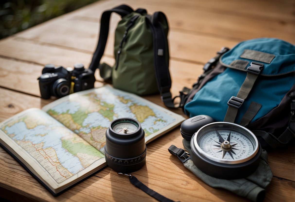 A map with a compass, hiking boots, backpack, water bottle, and GPS device laid out on a table. A notebook with "10 Tips for Training for a Geocaching Trip" written on it is also visible