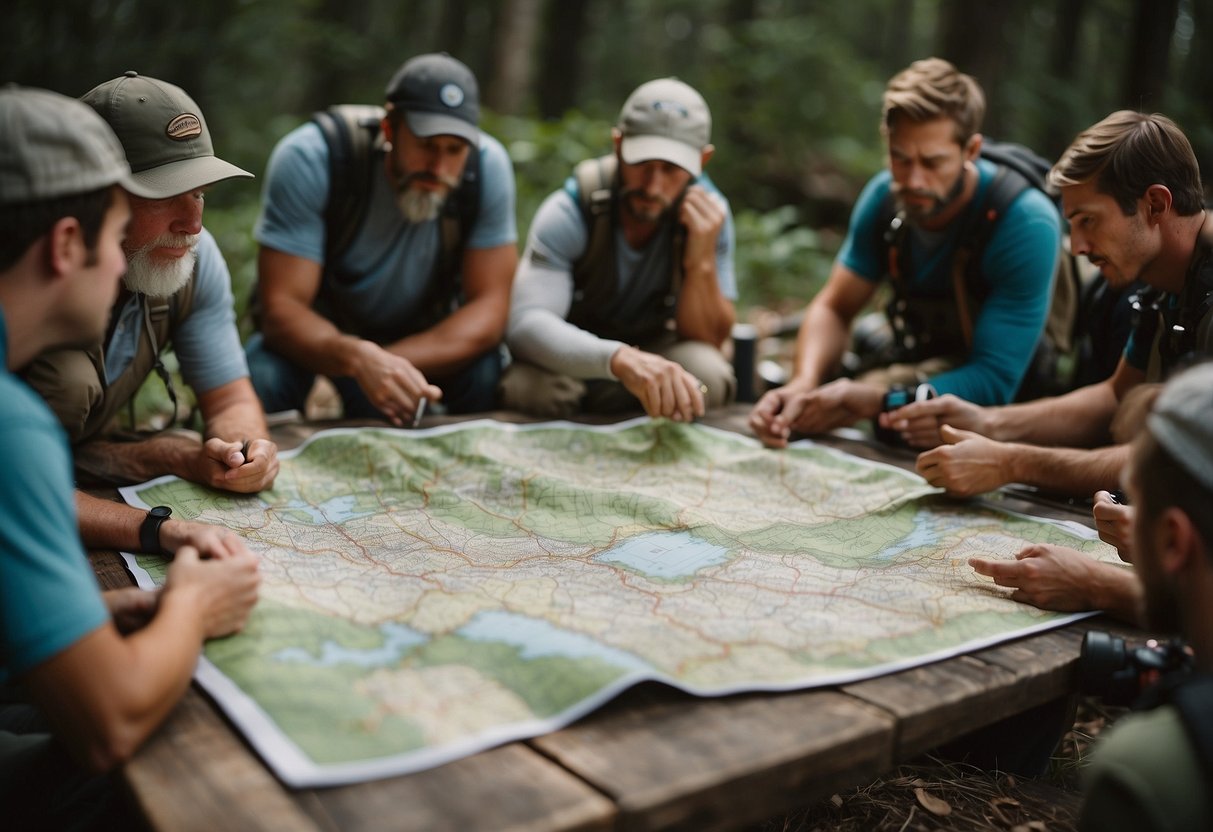 A group of geocachers gather around a map, discussing etiquette and training tips for their upcoming trip. GPS devices and outdoor gear are scattered around the table