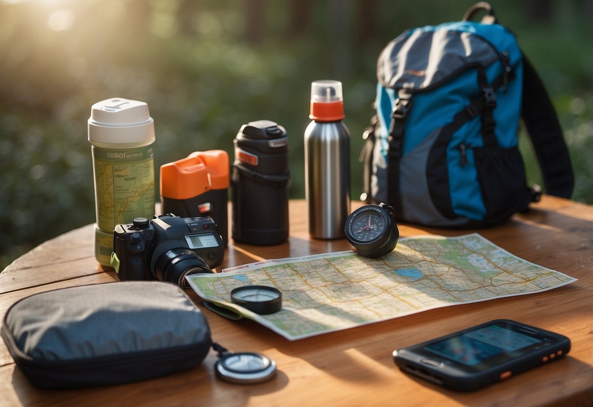 A table with a map, compass, GPS device, backpack, water bottle, snacks, first aid kit, sunscreen, bug spray, and sturdy shoes