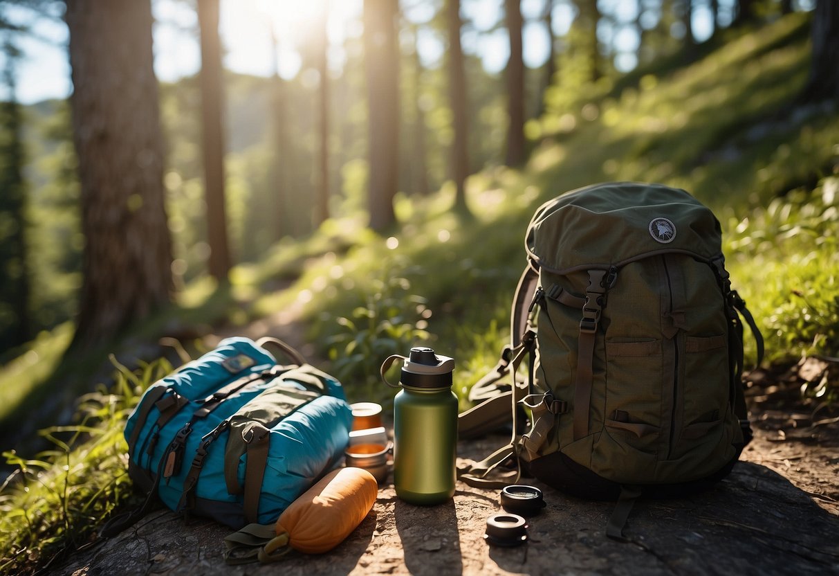 A hiker's backpack sits on the ground, filled with a water bottle, compass, and healthy snacks. A trail map and geocaching guidebook are spread out nearby. The sun shines through the trees, casting dappled light on the