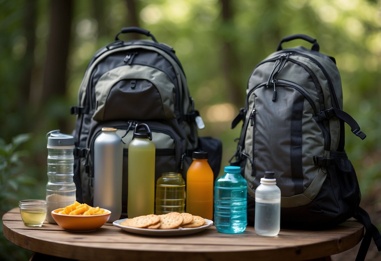 A backpack with water bottles and snacks laid out on a table, along with a map and compass. Outdoor gear and hiking boots are nearby