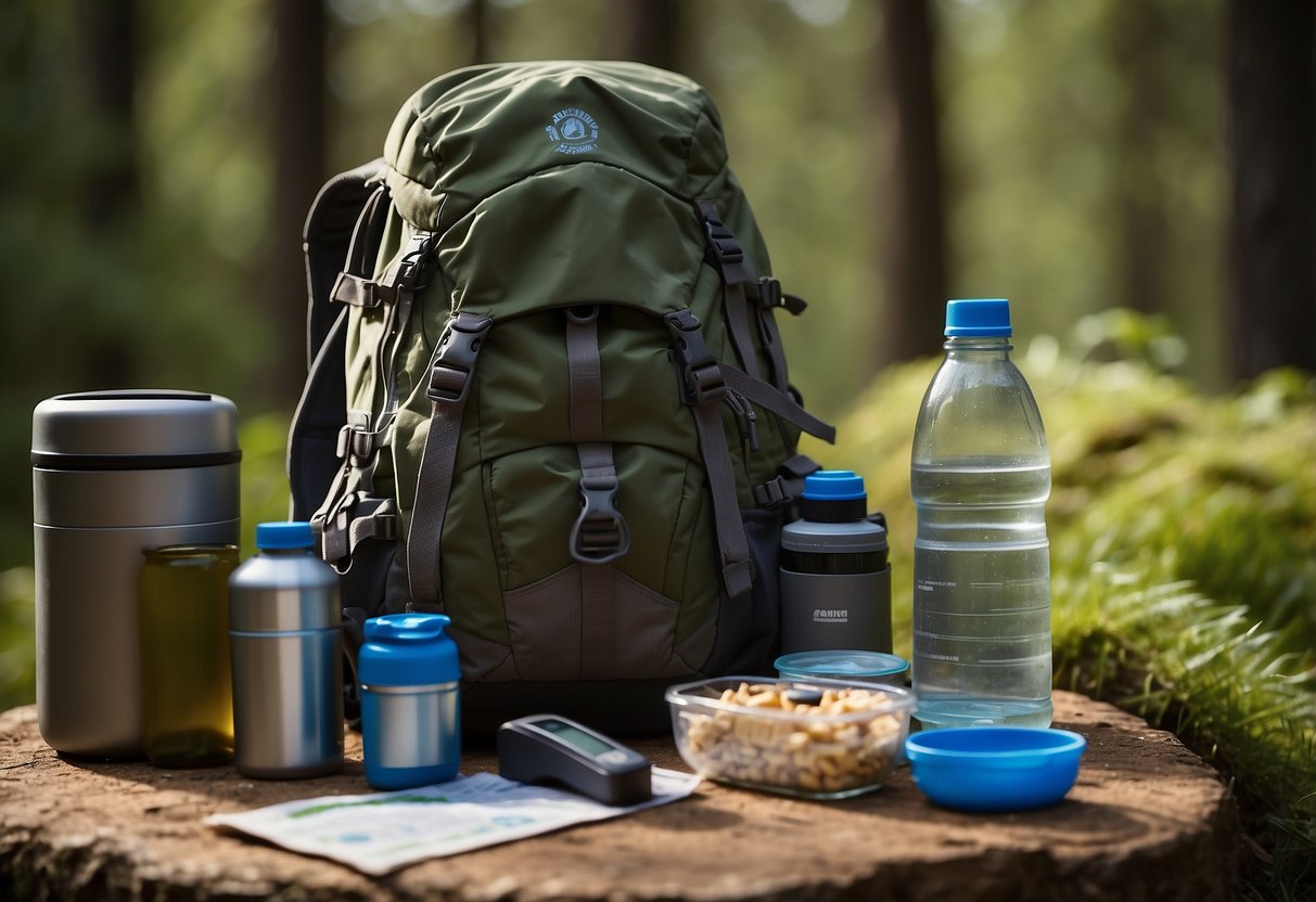 A backpack sits open on a table, filled with water bottles, snacks, and a map. Hiking boots and a compass lay nearby, ready for a geocaching adventure