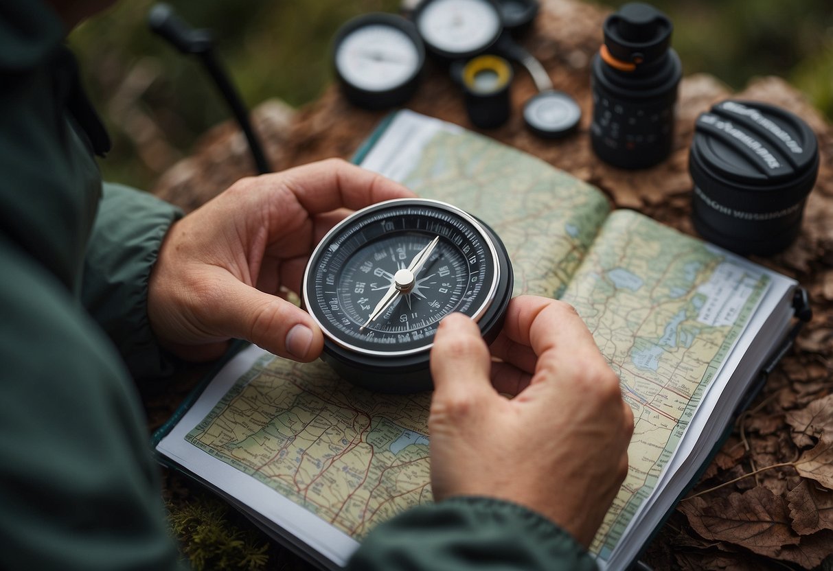 A person holding a compass and map, surrounded by hiking gear and a GPS device. They are studying the terrain and preparing for a geocaching trip