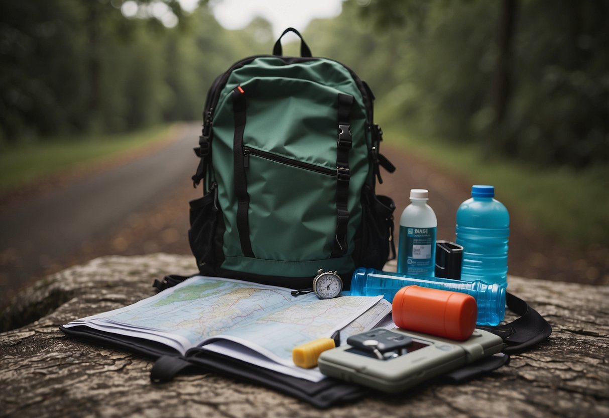 A backpack sits open on the ground, filled with a GPS device, water bottle, and first aid kit. A map is spread out nearby, with a compass resting on top. A checklist of safety tips and training tips is pinned to the map