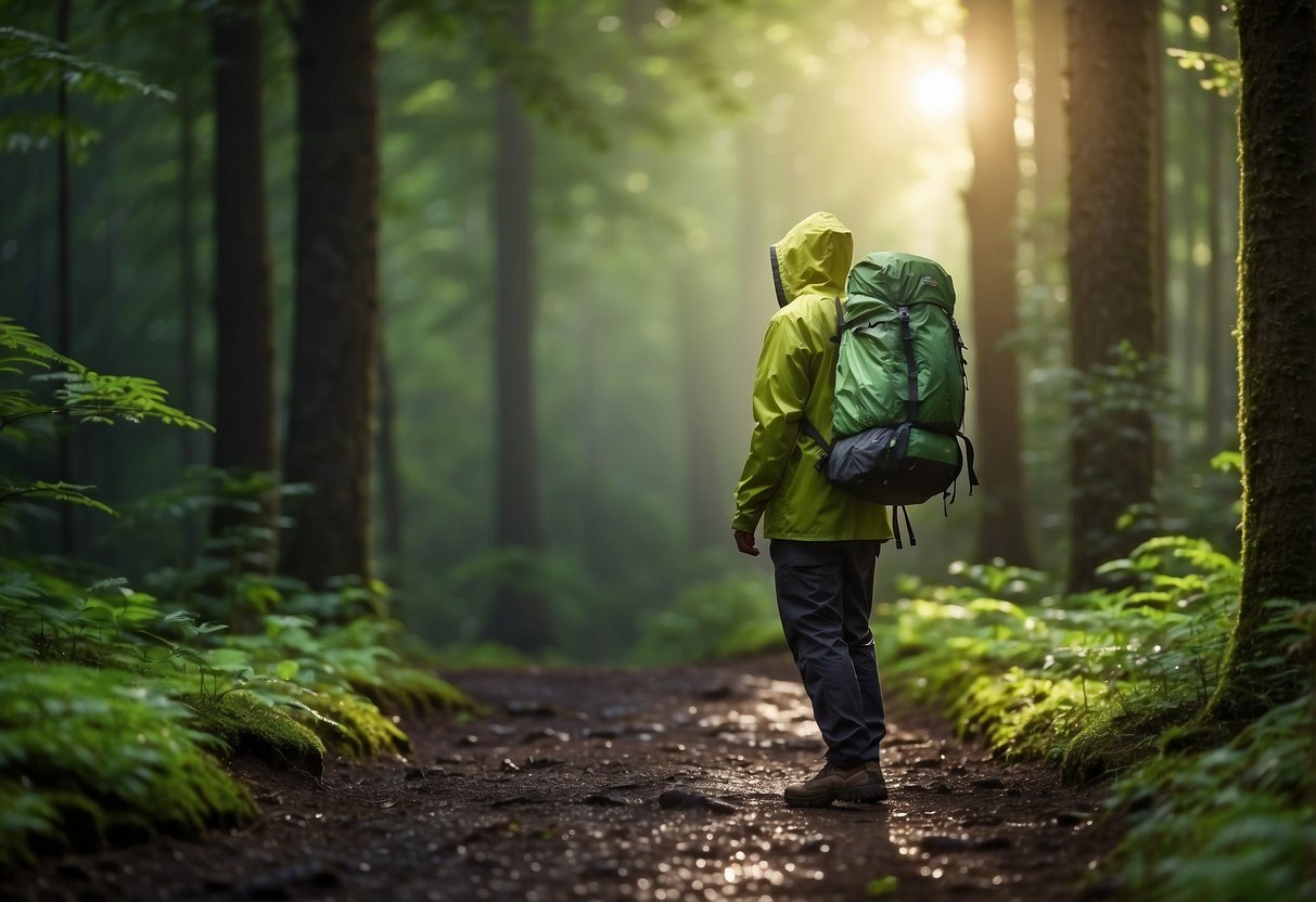 Bright sun shines on a lush green forest. A geocacher stands under a light rain, wearing a lightweight rain jacket and pants. Nearby, a backpack holds more rain gear