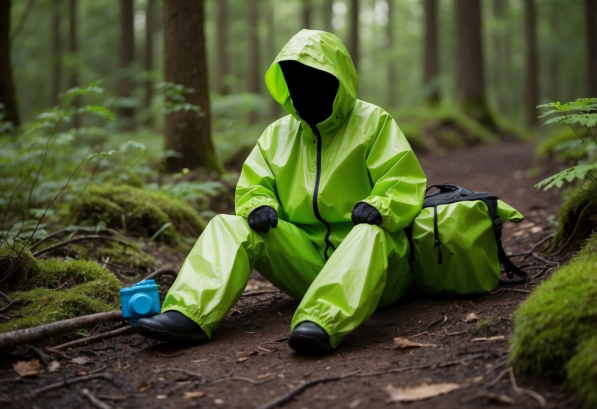 A bright green Frogg Toggs Ultra-Lite2 Rain Suit laying on the ground, surrounded by geocaching equipment and a trail leading into the woods