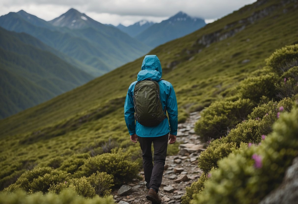 A figure stands on a rocky trail, wearing a Patagonia Torrentshell 3L Jacket. Rain falls lightly as the figure reaches into a backpack, surrounded by lush greenery and distant mountains