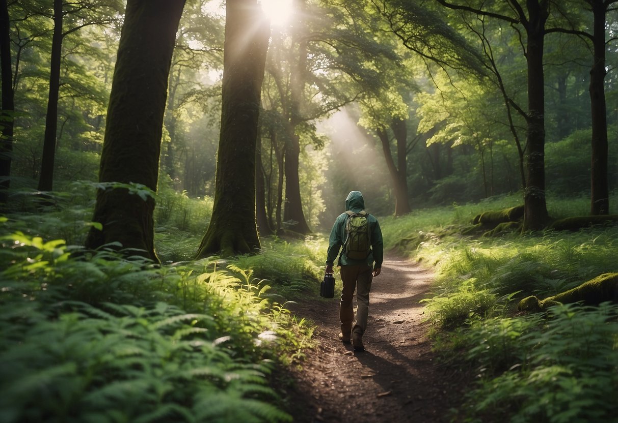 A sunny day with scattered clouds, a lush green forest, and a geocacher wearing lightweight rain gear searching for hidden treasures