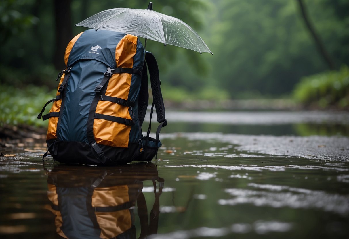 The scene features a backpack with a rain cover, a lightweight waterproof jacket, waterproof pants, waterproof hiking boots, and a compact umbrella