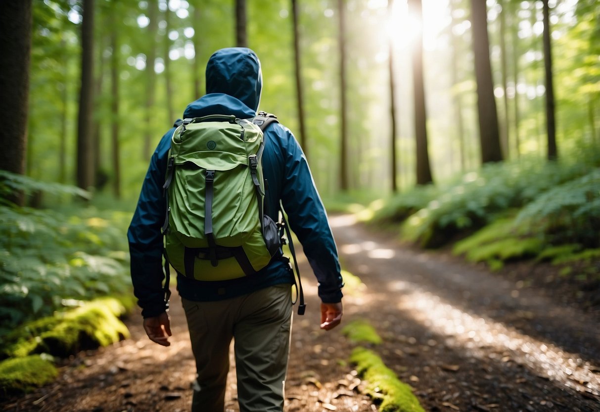 Bright sun shining on a forest trail, with a geocacher in lightweight rain gear searching for hidden treasures. Trees and foliage surround the hiker, who is equipped with a backpack and GPS device