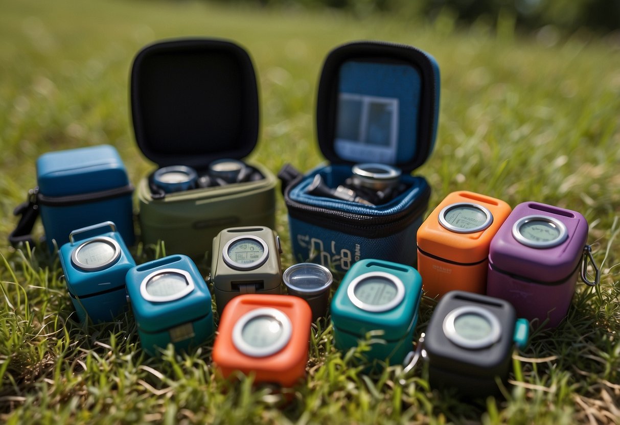 A group of colorful lightweight geocaching packs neatly arranged on a grassy clearing, with trees and a clear blue sky in the background