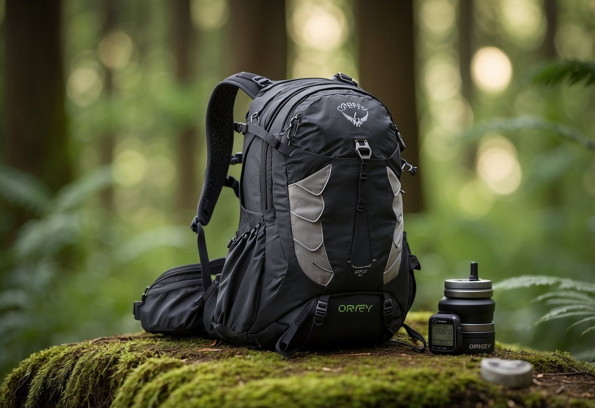 A rugged, lightweight Osprey Talon 22 backpack stands against a backdrop of lush green forest, with a GPS device and geocaching supplies spilling out of its open compartments