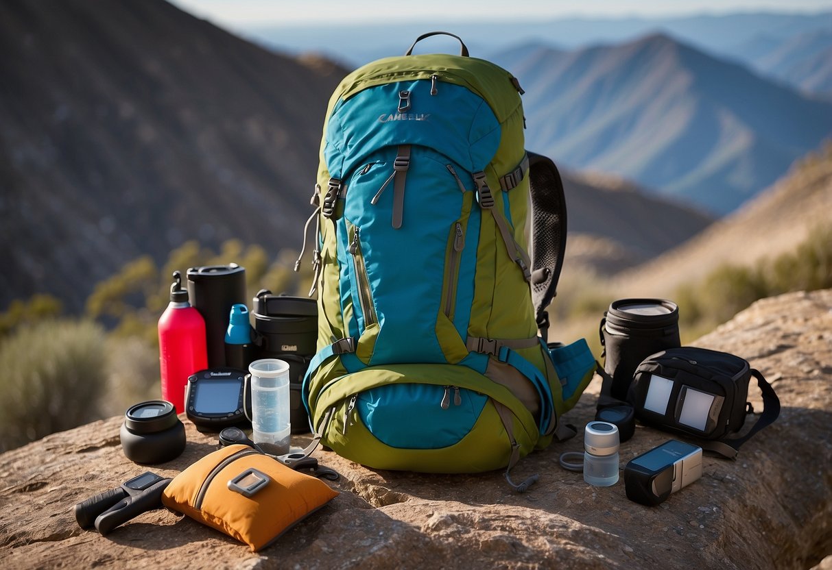 A hiker's backpack, CamelBak Rim Runner 22, rests on a rocky trail, surrounded by geocaching tools and a GPS device