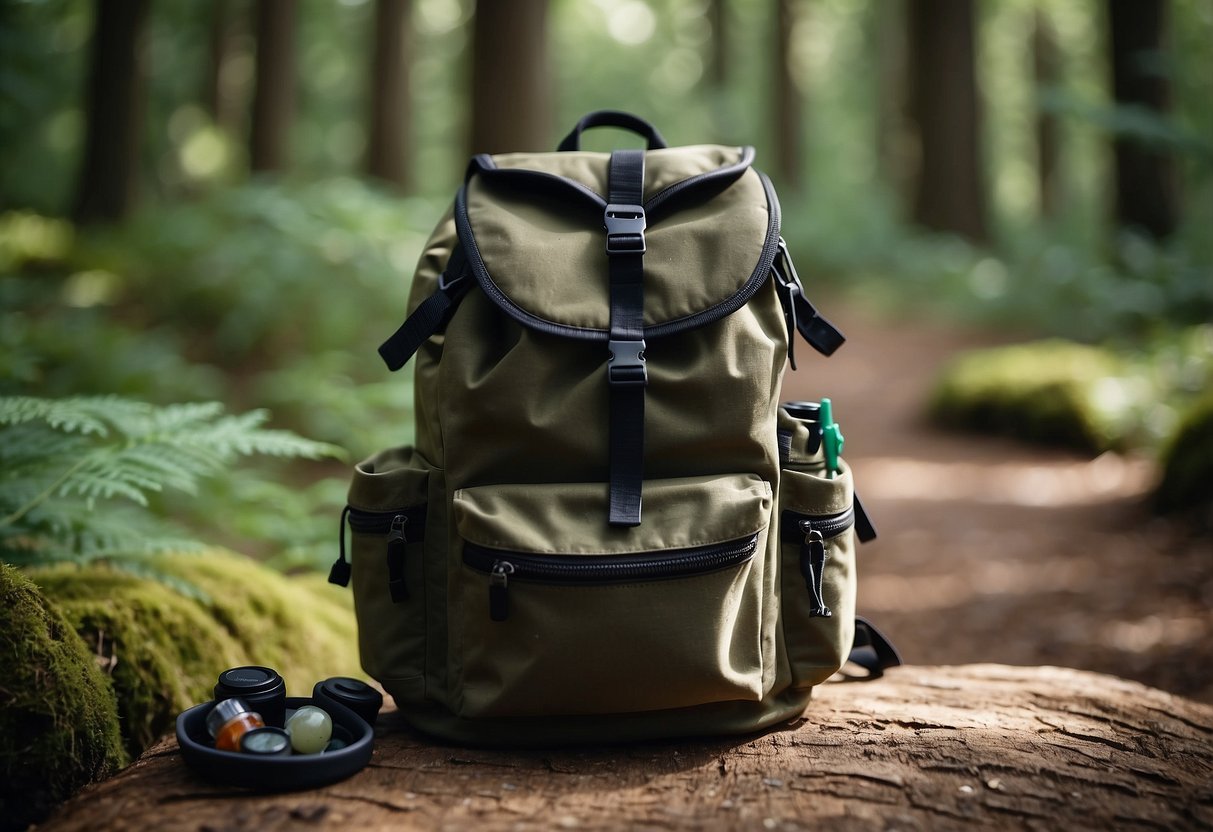 A backpack filled with geocaching supplies sits on a forest trail, surrounded by trees and nature