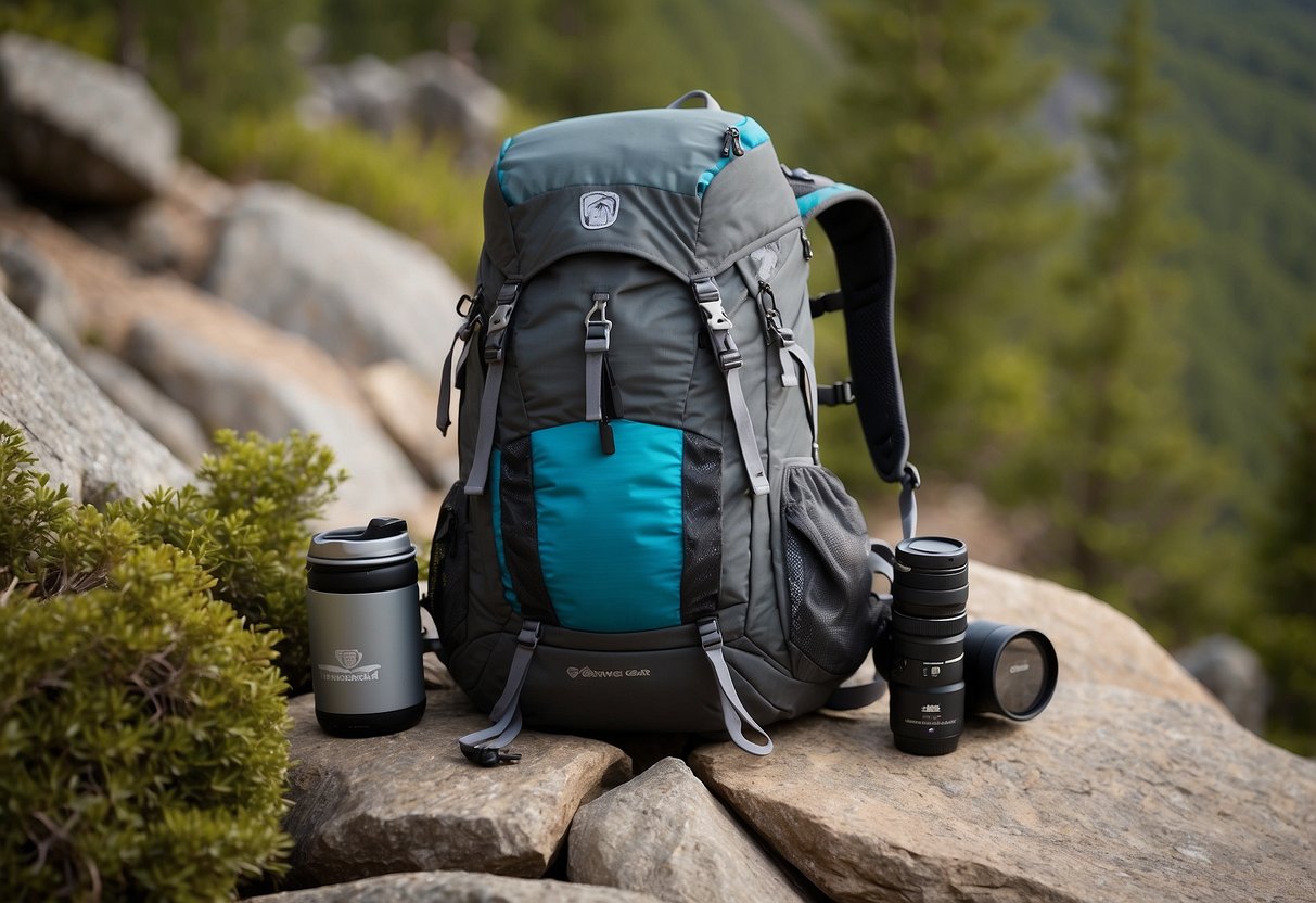 A Granite Gear Crown 2 38 backpack sits on a rocky trail, surrounded by geocaching supplies and a GPS device. The lightweight pack is ready for adventure