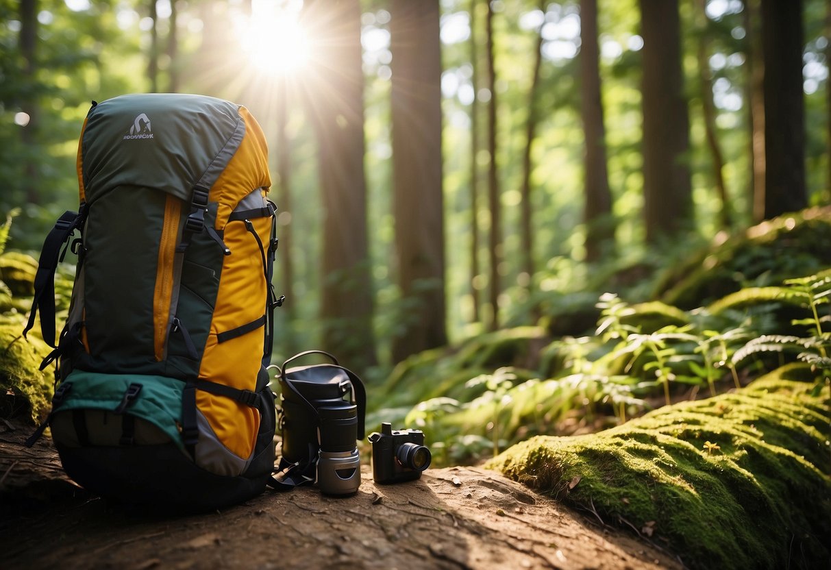 A bright, sunny day in a lush forest. A hiker's backpack, the Hyperlite Mountain Gear Daybreak 10, sits against a tree, filled with geocaching supplies