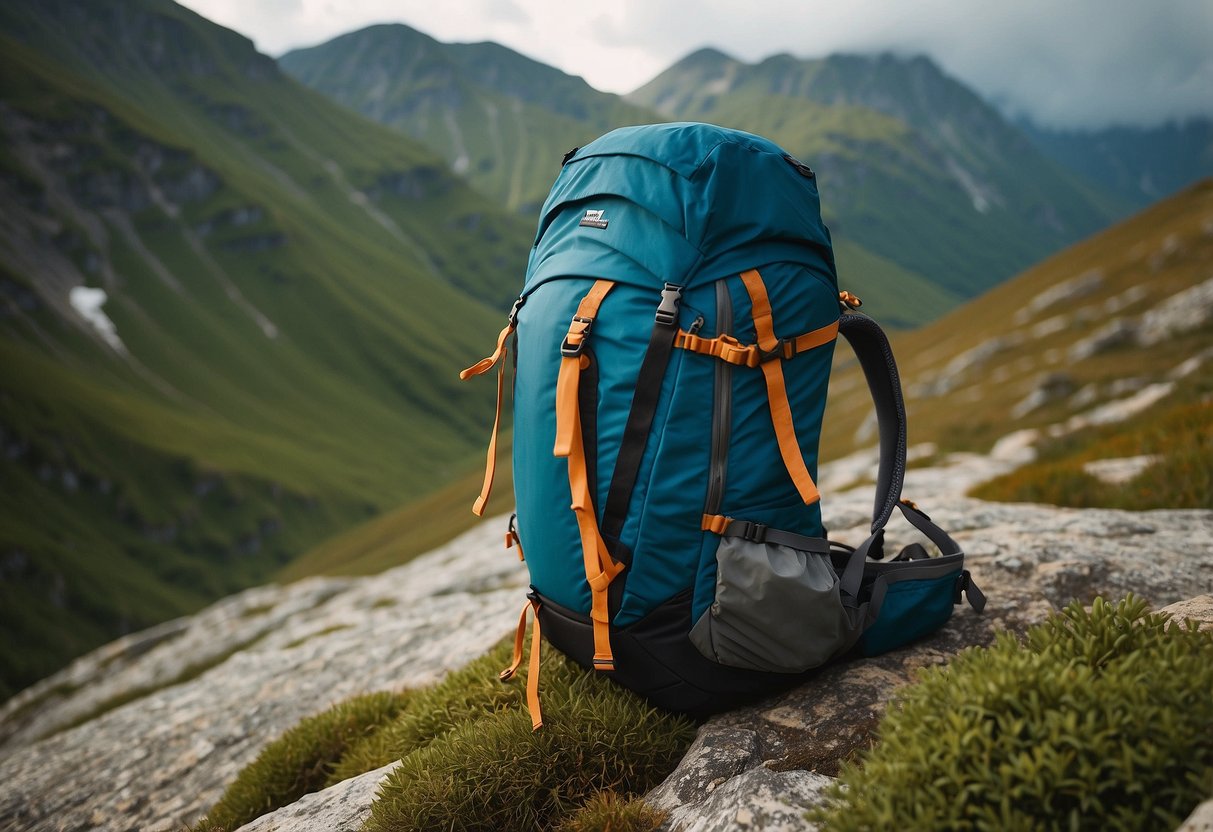 A mountainous landscape with a hiker's backpack, Vasque Thule Guide 35+ 10, against a backdrop of lush greenery and rocky terrain