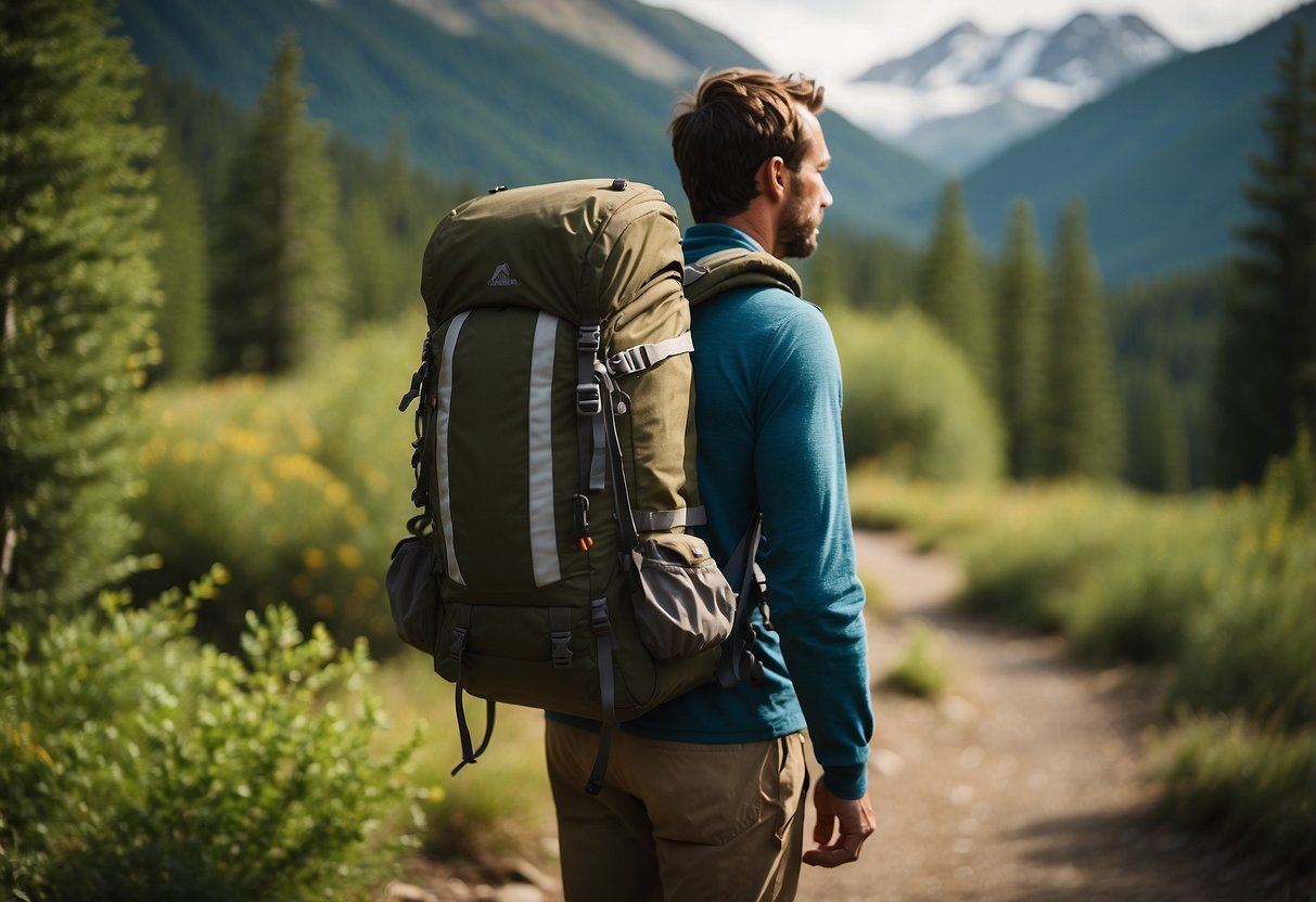 A hiker standing on a trail, surrounded by trees and mountains, with a lightweight geocaching pack on their back, filled with supplies and a GPS device