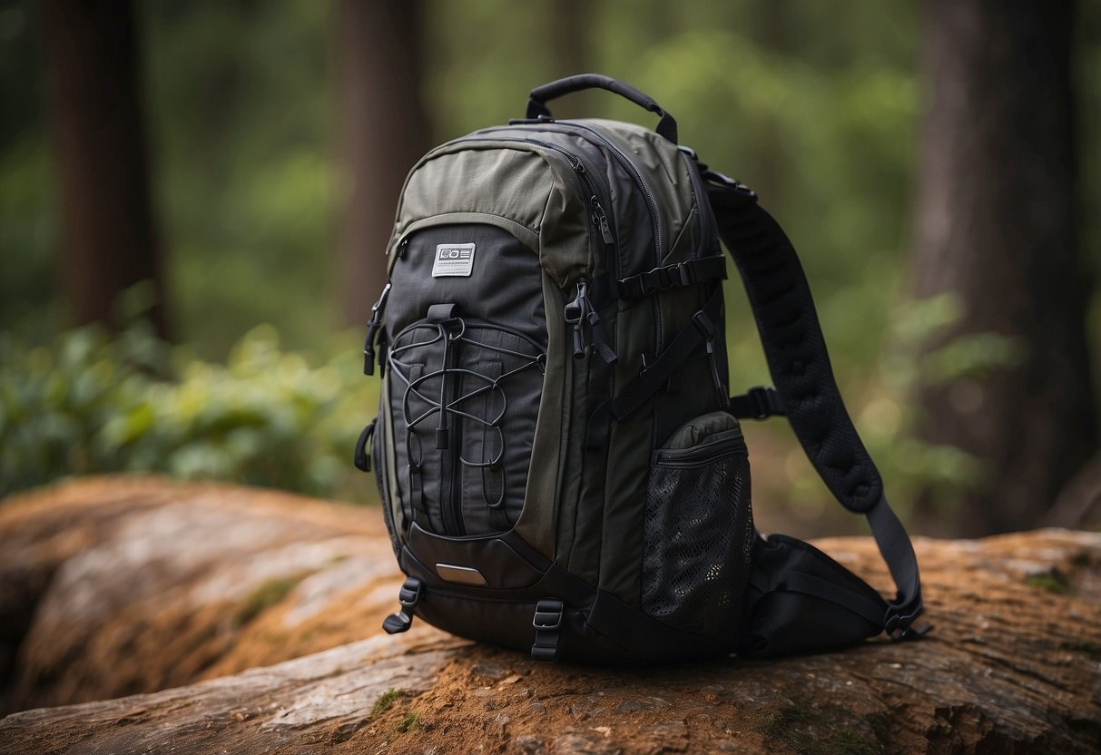 A backpack with multiple compartments, adjustable straps, and durable material. It holds GPS, water, and snacks for geocaching adventures