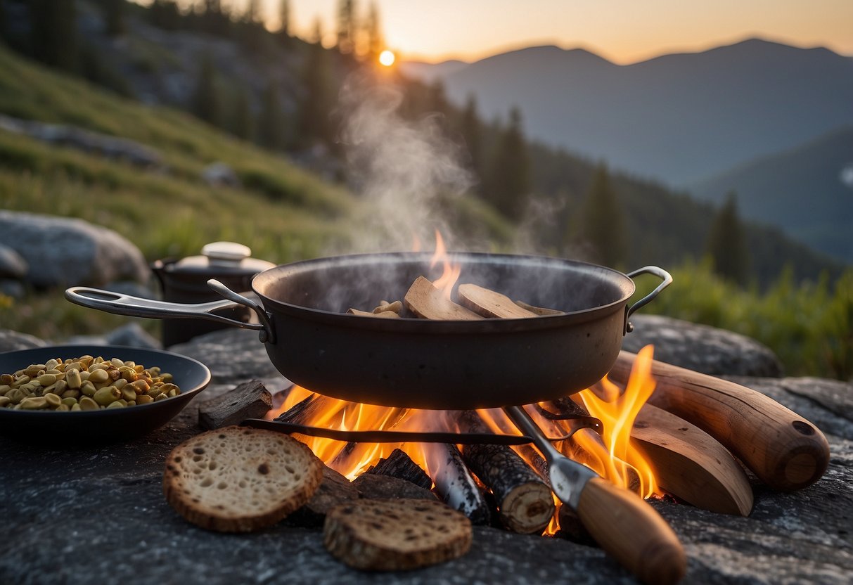 A campfire with a pot hanging over it, surrounded by various cooking utensils and ingredients laid out on a flat rock or makeshift table. The scene is set in a natural outdoor setting with trees and mountains in the background