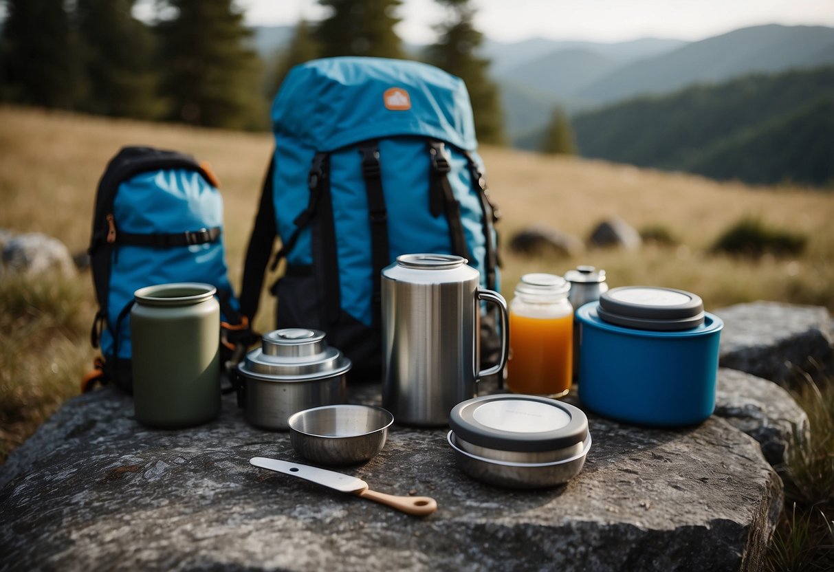 A campsite with a backpack and cooking utensils laid out on a flat rock. A cooler and food containers are neatly organized nearby