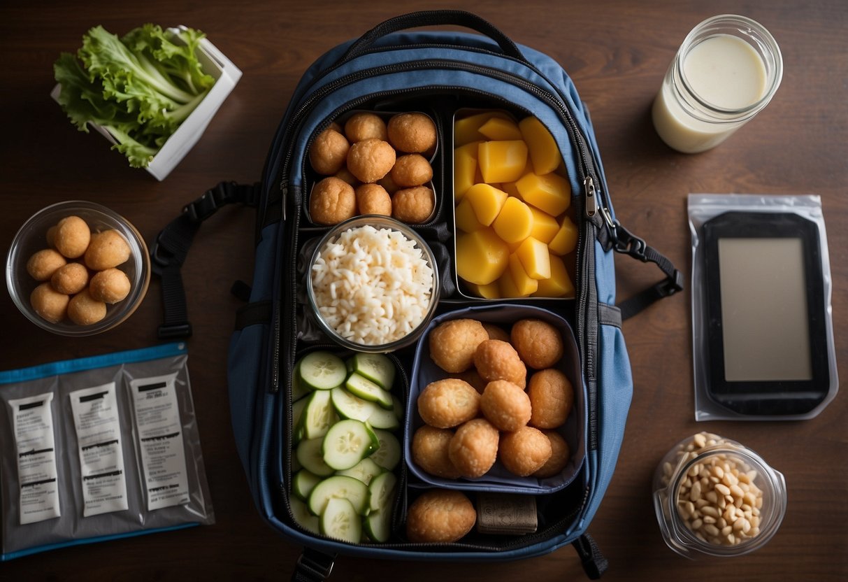 Food items neatly organized in a backpack with separate compartments. Airtight containers, ziplock bags, and insulated pouches are visible. A map and GPS device are nearby