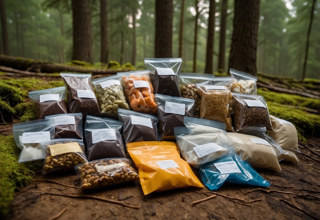 A variety of vacuum-sealed bags filled with different types of food items, neatly organized and labeled, are scattered across a forest floor, surrounded by GPS devices and geocaching equipment