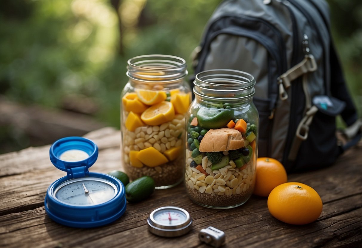 Mason jars filled with various food items arranged next to a geocaching map and compass. A backpack and water bottle sit nearby