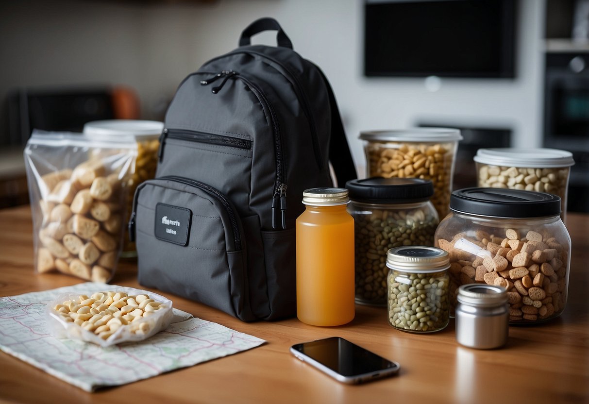 Silicone food storage bags filled with snacks and labeled with geocaching coordinates sit neatly in a backpack alongside a GPS device and a map