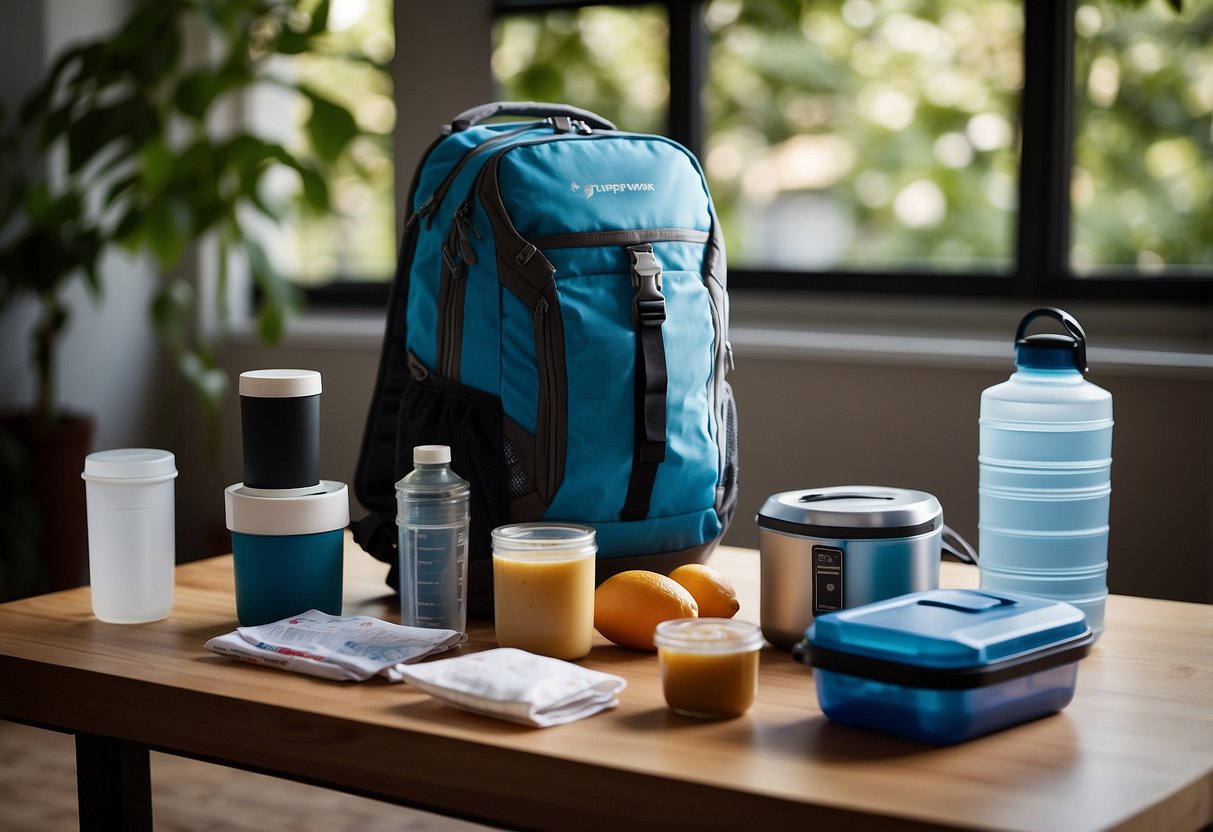 A table with various containers: Tupperware, ziplock bags, and vacuum-sealed pouches. A backpack and a cooler nearby. A GPS device and a map on the table