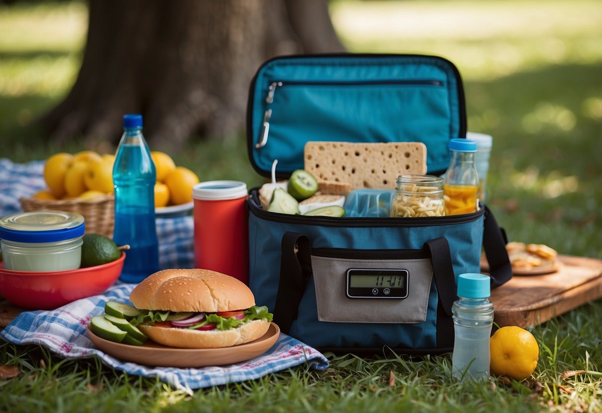 A picnic cooler nestled in the shade of a tree, with a variety of food items neatly organized inside. A small thermometer is visible, ensuring the temperature is optimal for food storage while geocaching