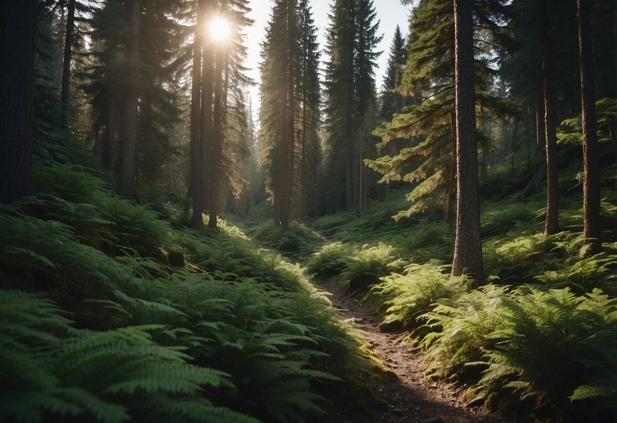 A lush forest trail winds through towering pine trees, leading to a hidden geocache nestled beside a sparkling mountain stream in Canada