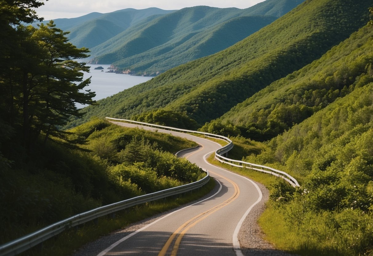 Lush green mountains overlook a winding road along the Cabot Trail in Nova Scotia, Canada. The vibrant landscape is dotted with hidden geocaching treasures waiting to be discovered